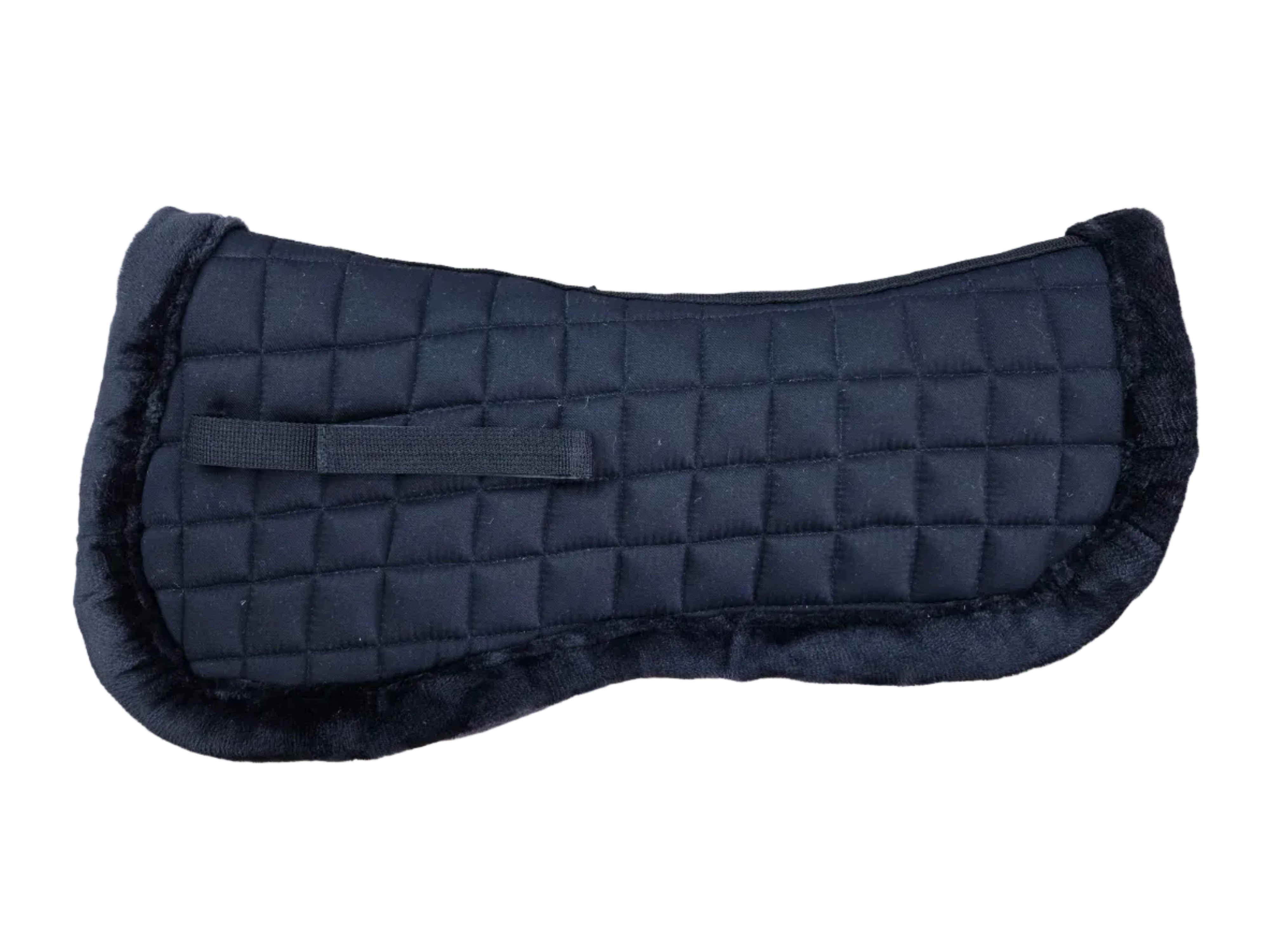 Black quilted saddle pad on a tiled floor
